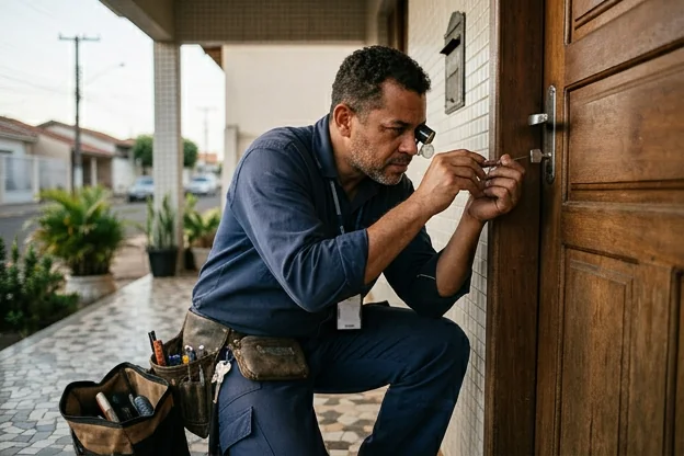 Chaveiro observando o mecanismo de segurança de uma porta.